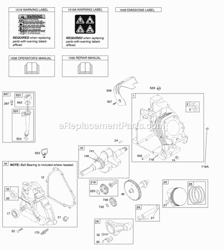Camshaft Crankcase Cover Crankshaft Cylinder Lubrication OperatorS Manual PistonRingsConnecting Rod Warning Label Diagram and Parts List for 20T132-0598-F1  Briggs and Stratton Engine